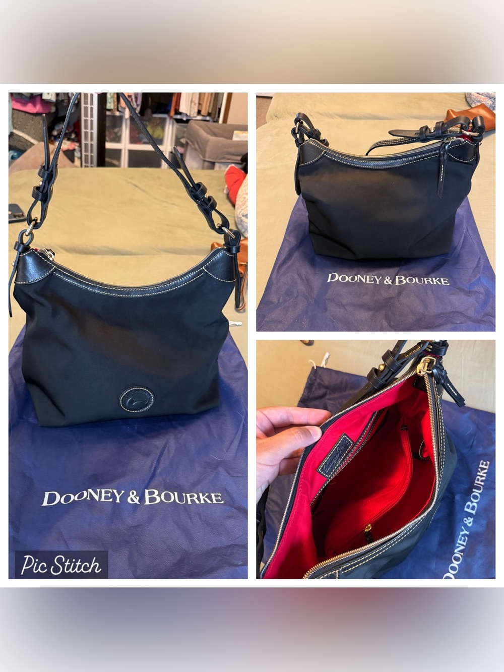 Dooney & Bourke Black Nylon Shoulder Bag with Red Interior